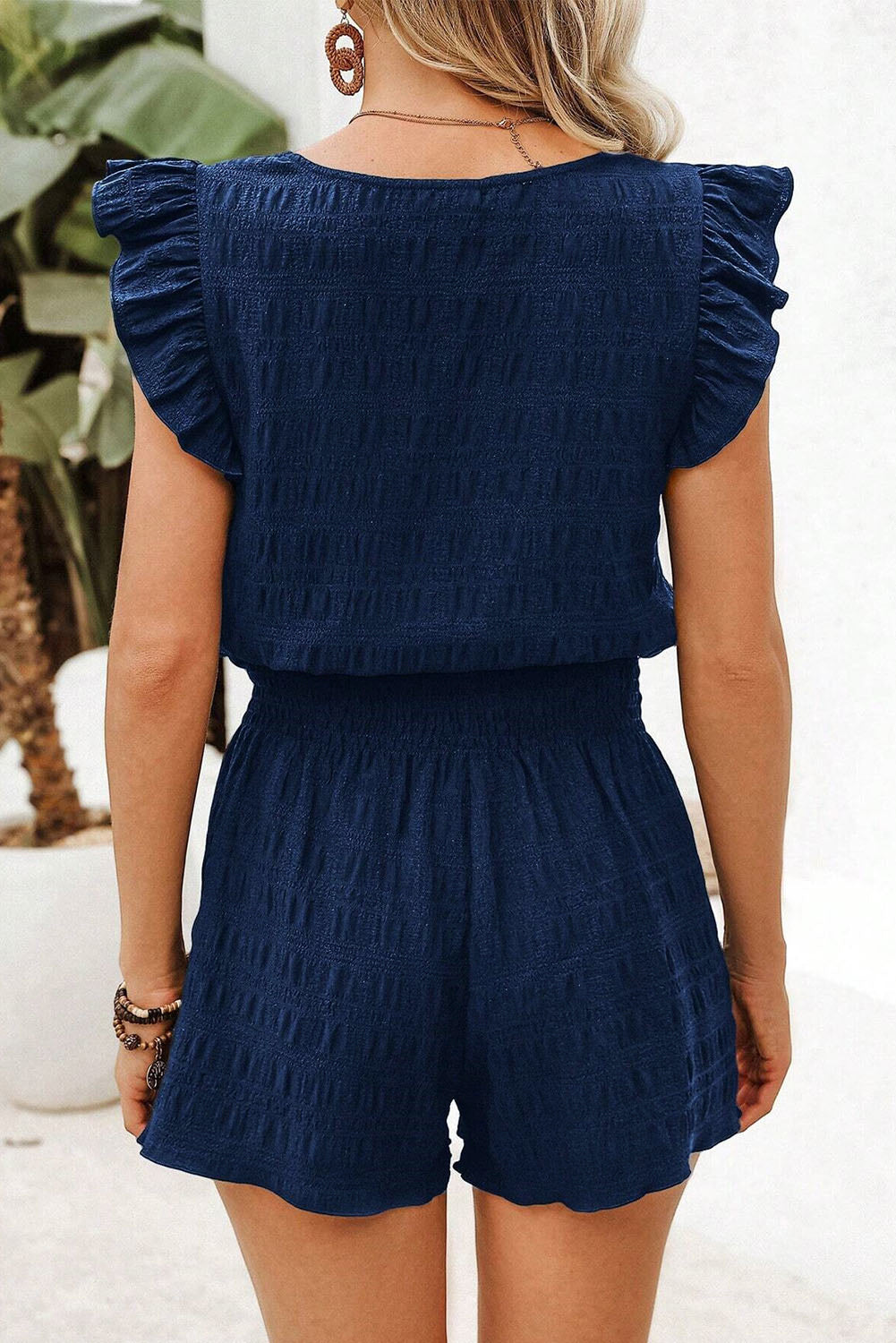 Dark blue Textured Square Neck Top and Shirred High Waist Shorts Set