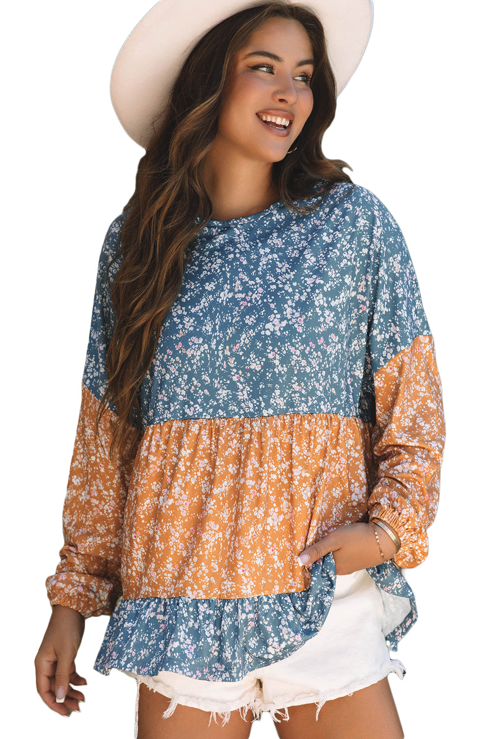 Orange Floral Color Block Ruffled Hem Round Neck Blouse