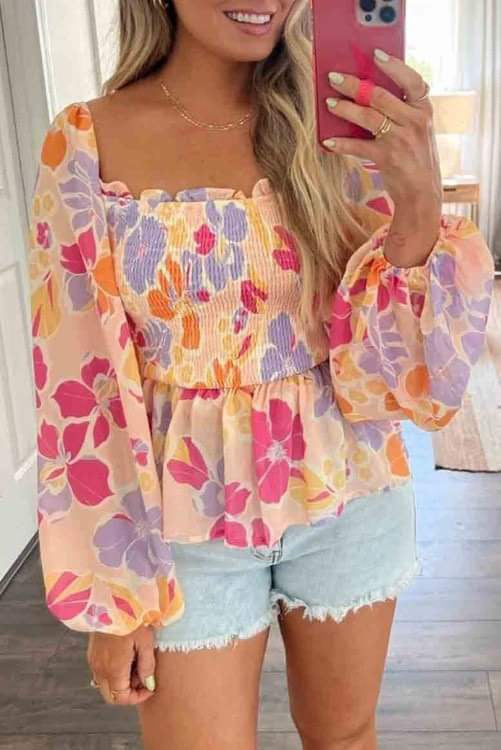 Pink Floral Print Smocked Long Sleeve Peplum Blouse