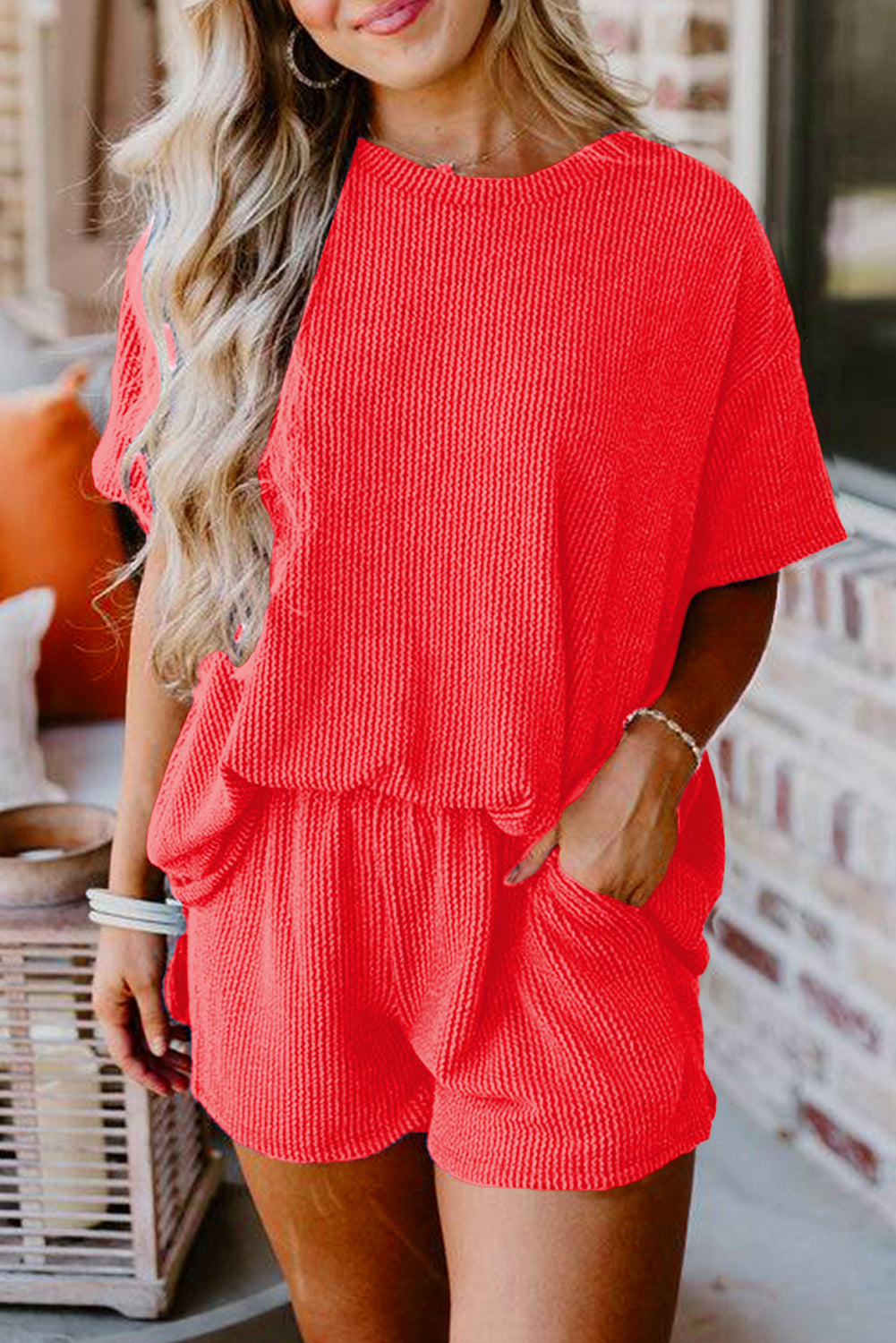 Orange Ribbed Textured Knit Loose Fit Tee and Shorts Set