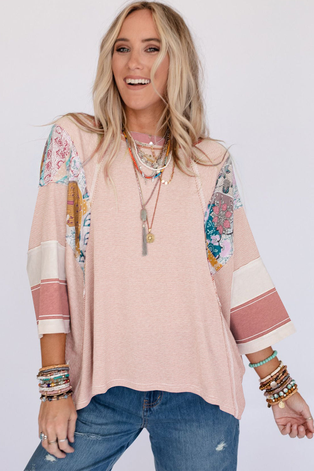 Pink Printed Pinstriped Color Block Patchwork Oversized Top