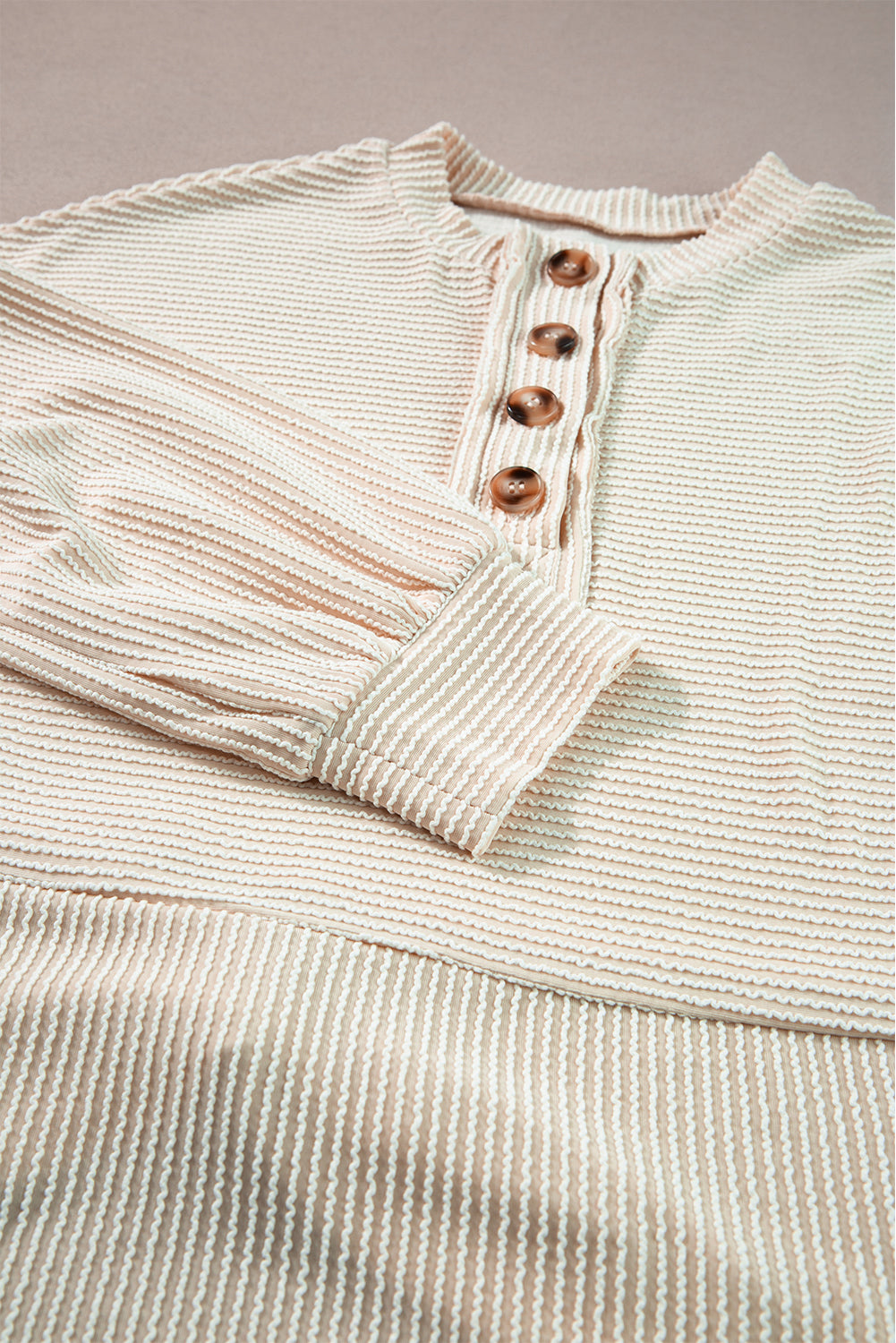 Apricot Corded Texture Lantern Sleeve Buttons Henley Sweatshirt