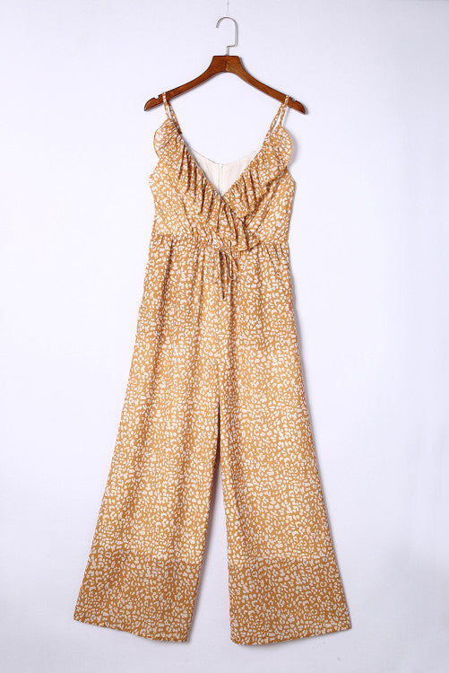 Yellow Leopard Print Drawstring Ruffled V Neck Jumpsuit