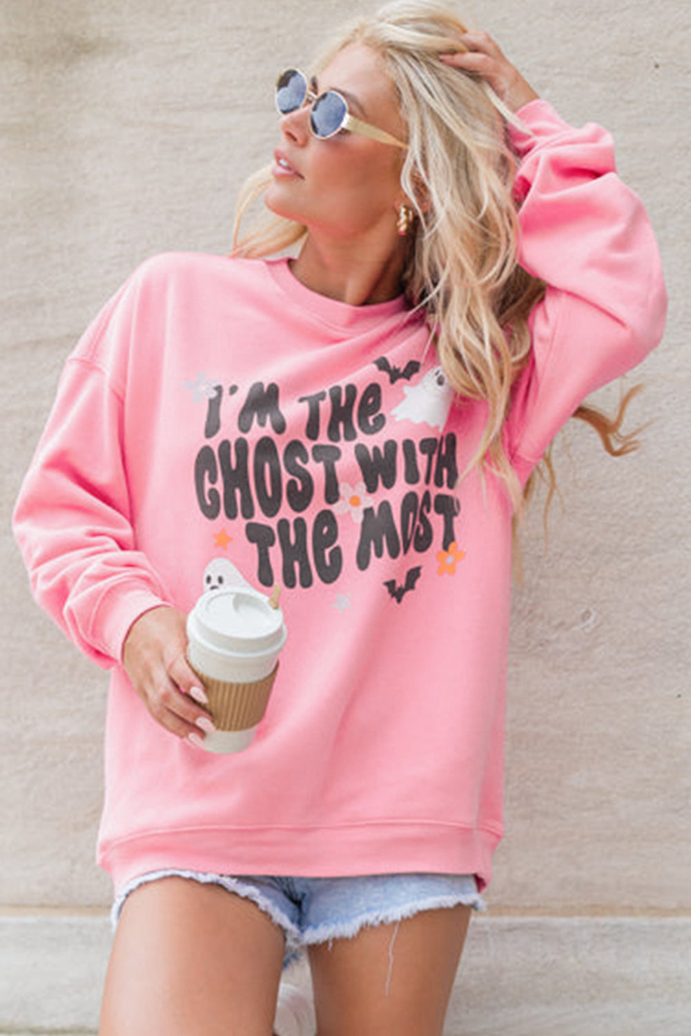 Pink Halloween Slogan Ghost Bat Graphic Drop Shoulder Sweatshirt