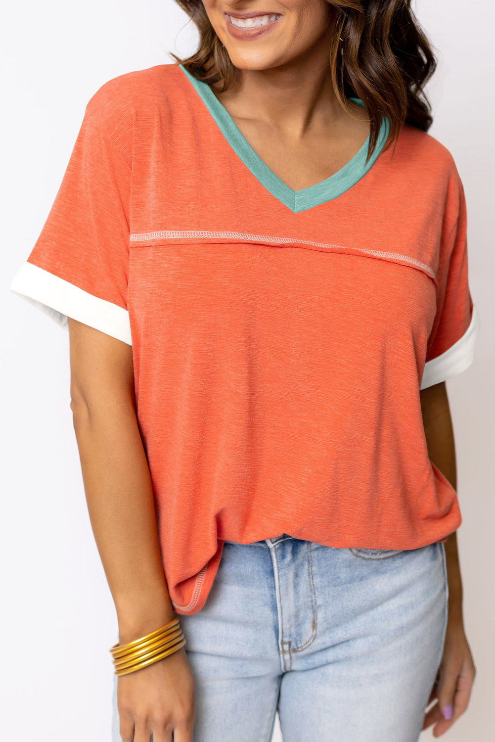 Grapefruit Orange Contrast Trim Exposed Seam V Neck T-shirt