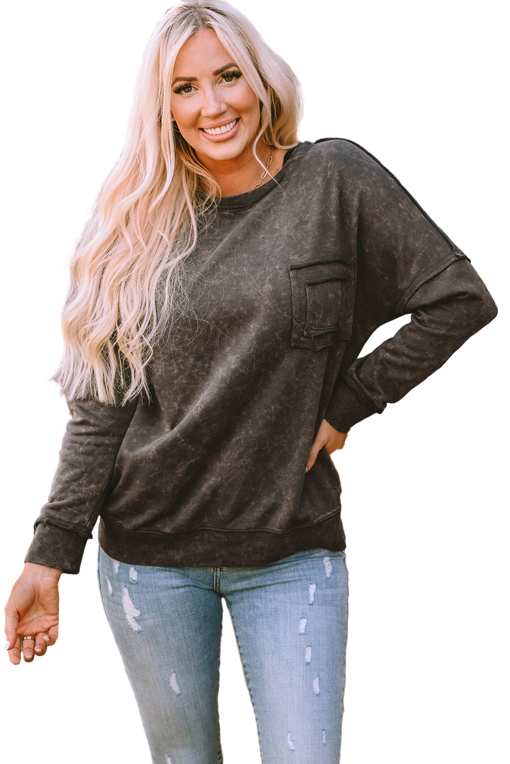 Gray Acid Wash Drop Shoulder Long Sleeve Sweatshirt with Pockets