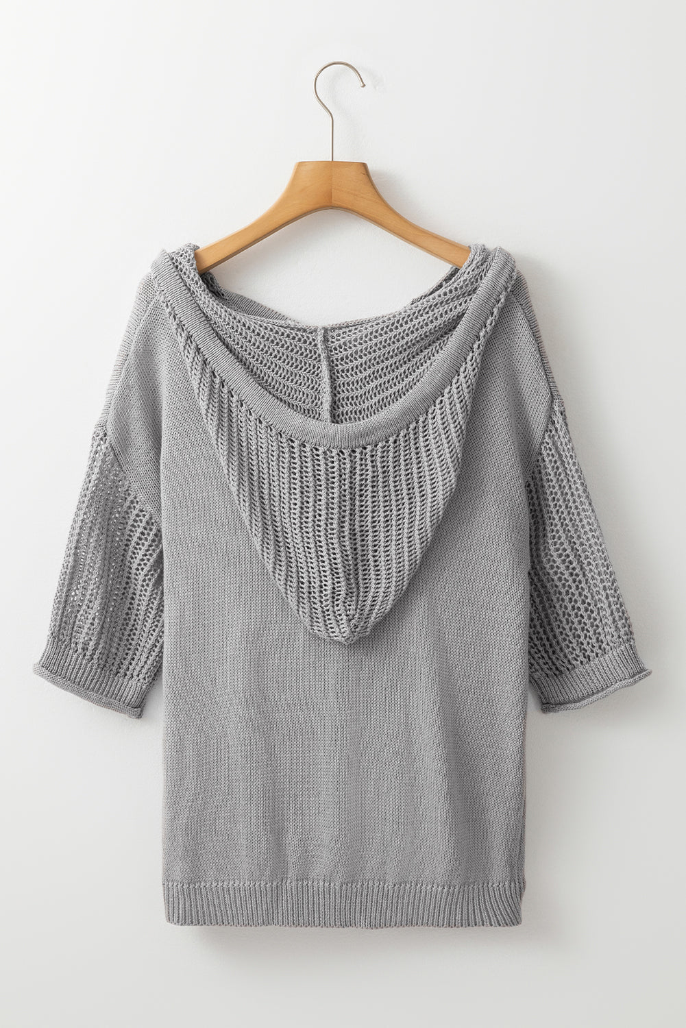 Light Grey Openwork Drawstring Hooded Short Sleeve Sweater Top