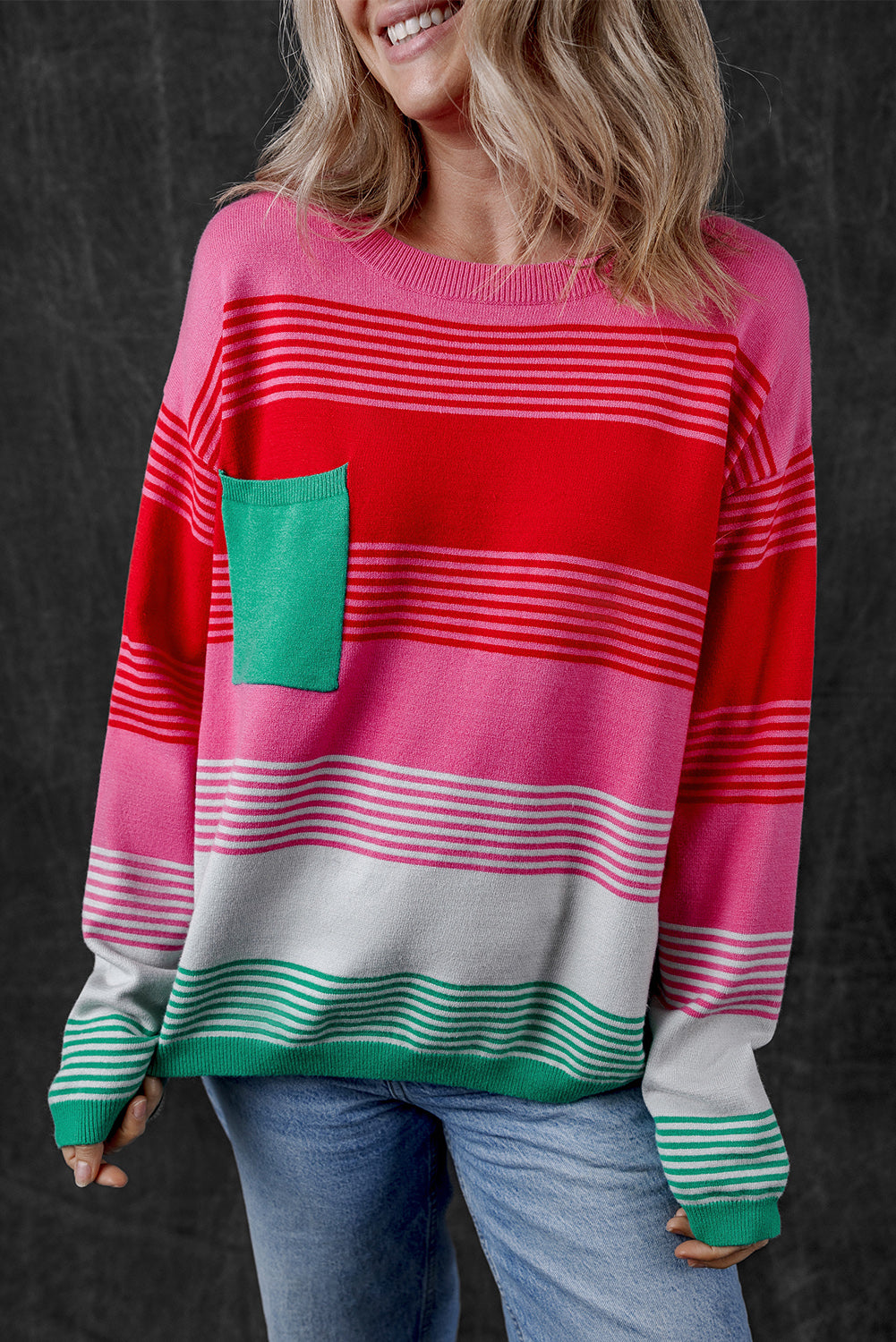 Rose Striped Knit Patch Pocket Drop Shoulder Sweater