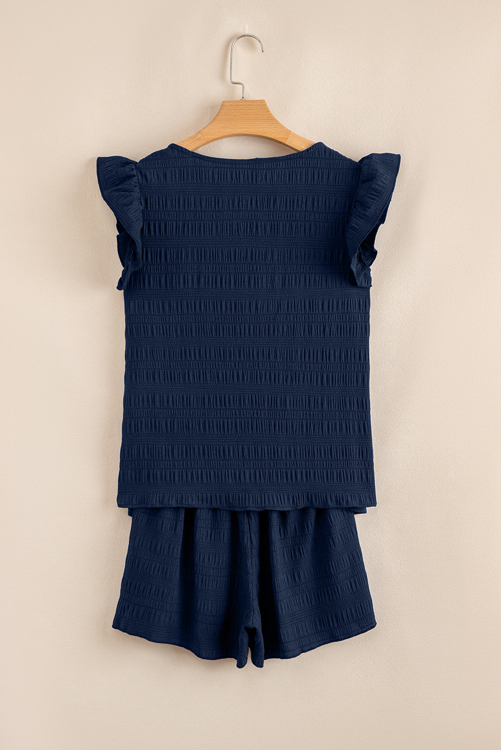 Dark blue Textured Square Neck Top and Shirred High Waist Shorts Set