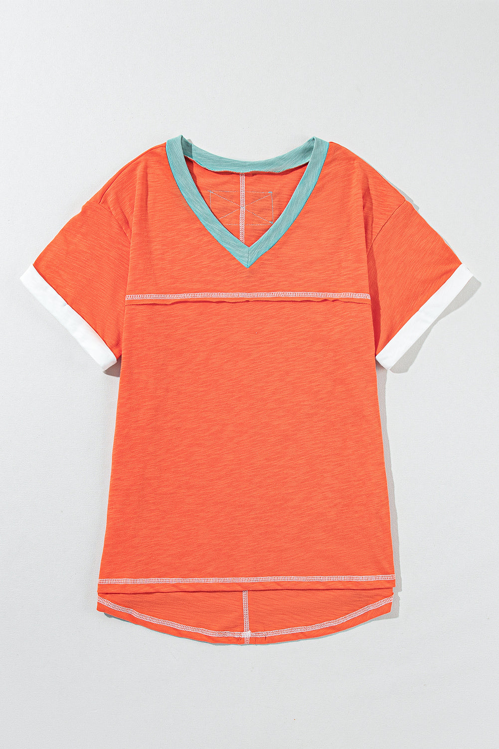 Grapefruit Orange Contrast Trim Exposed Seam V Neck T-shirt