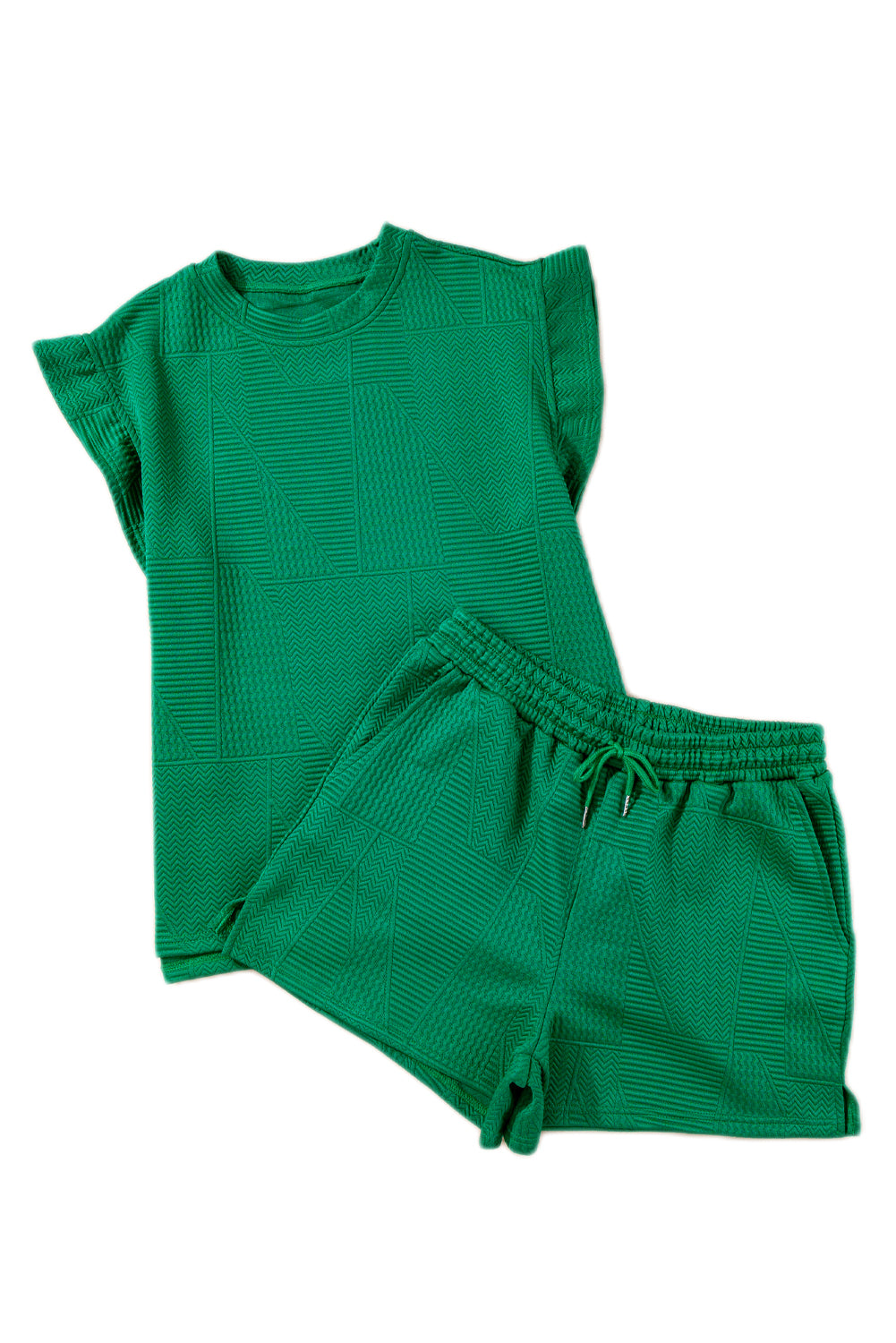 Dark Green Textured Ruffle Split Top and Drawstring Shorts