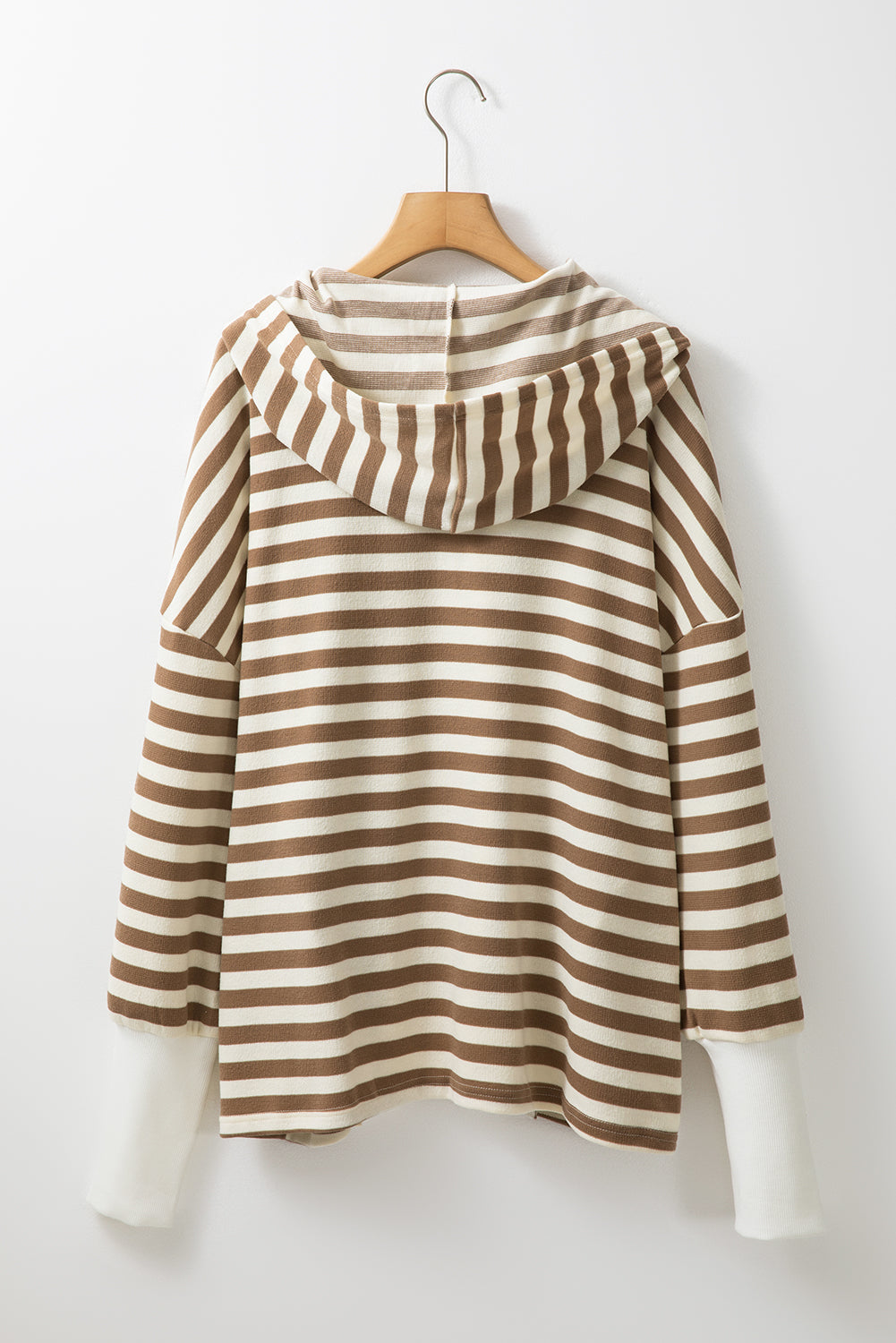 Brown Stripe Quarter Buttons Drop Sleeve Plus Size Hoodie