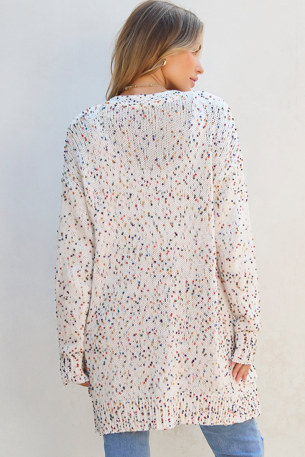 White Multicolor Dotted Rib Knit Long Sleeve Cardigan