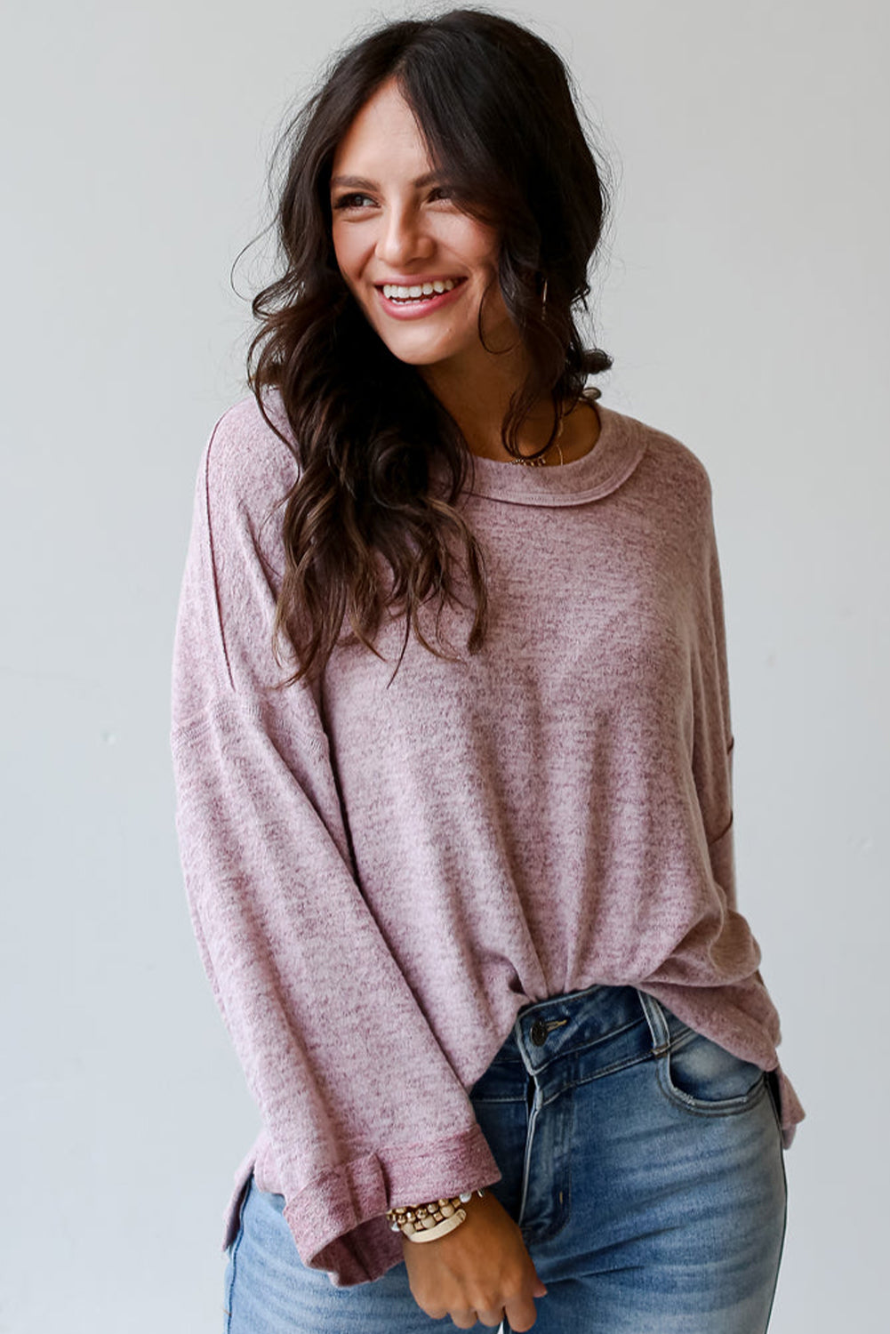 Orchid Petal Exposed Seam Drop Shoulder Wide Long Sleeve T Shirt