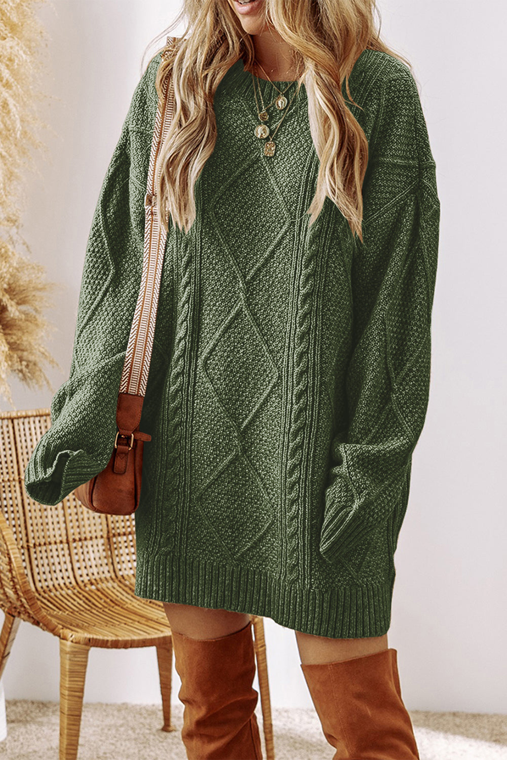 Mist Green Cable Knit Drop Shoulder Loose Fit Sweater Dress