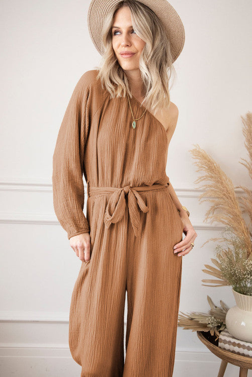 Khaki Crinkled Texture One-shoulder Loose Jumpsuit