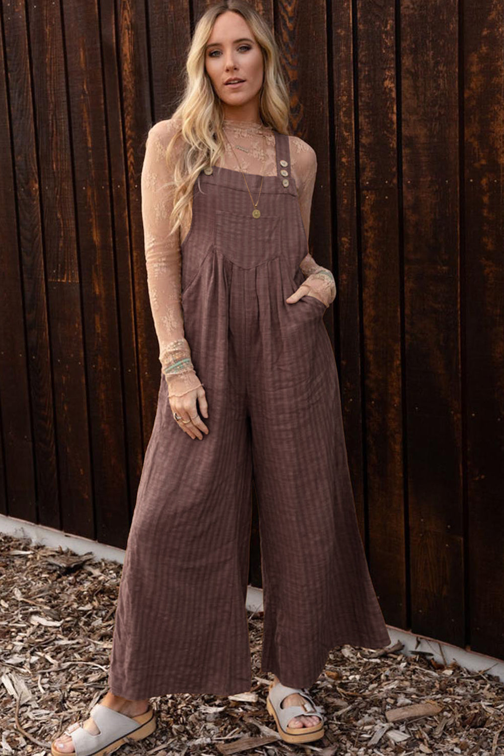 Chicory Coffee Striped Pleated Wide Leg Pocketed Jumpsuit