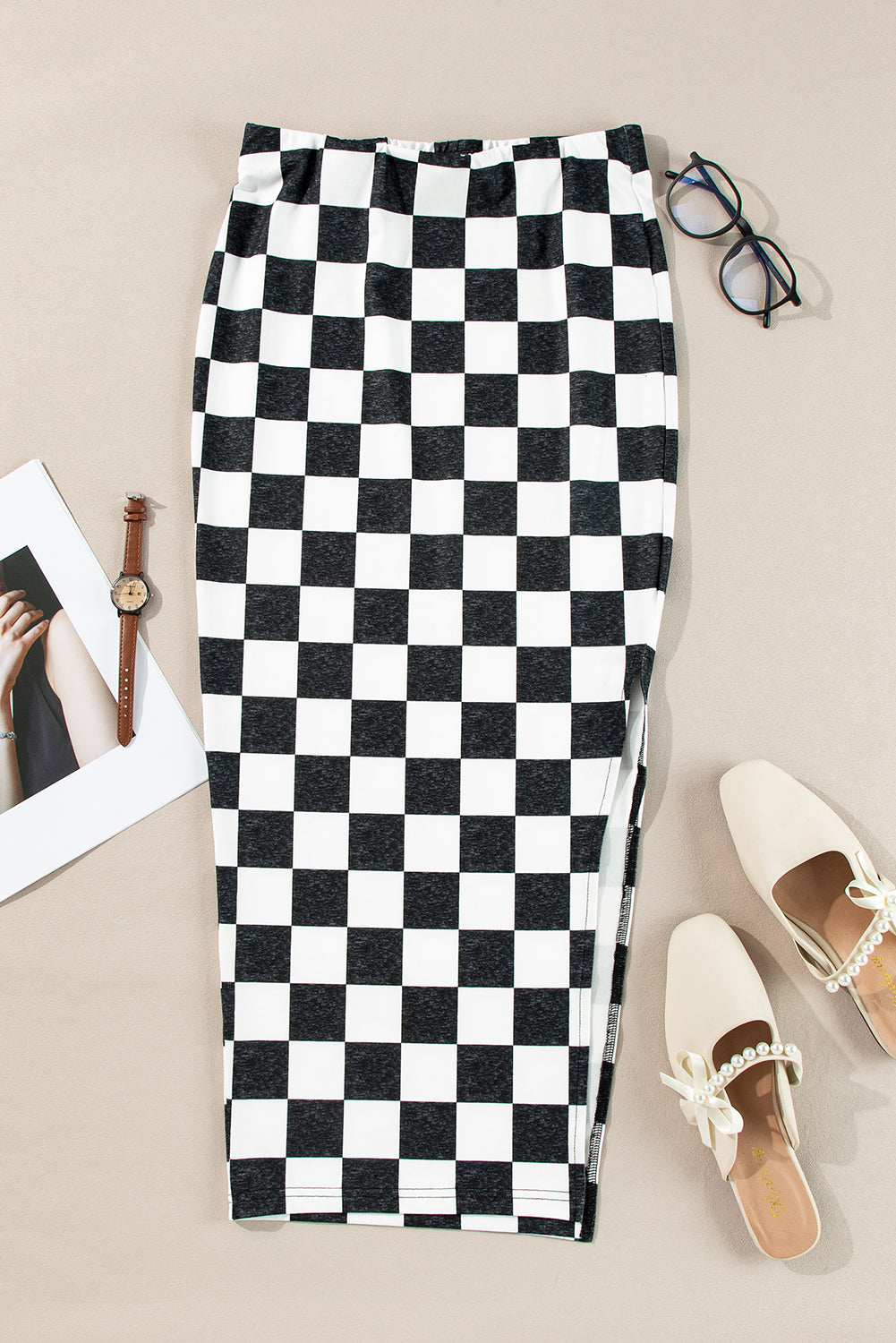 White Checkered Print Side Slit High Waist Midi Skirt