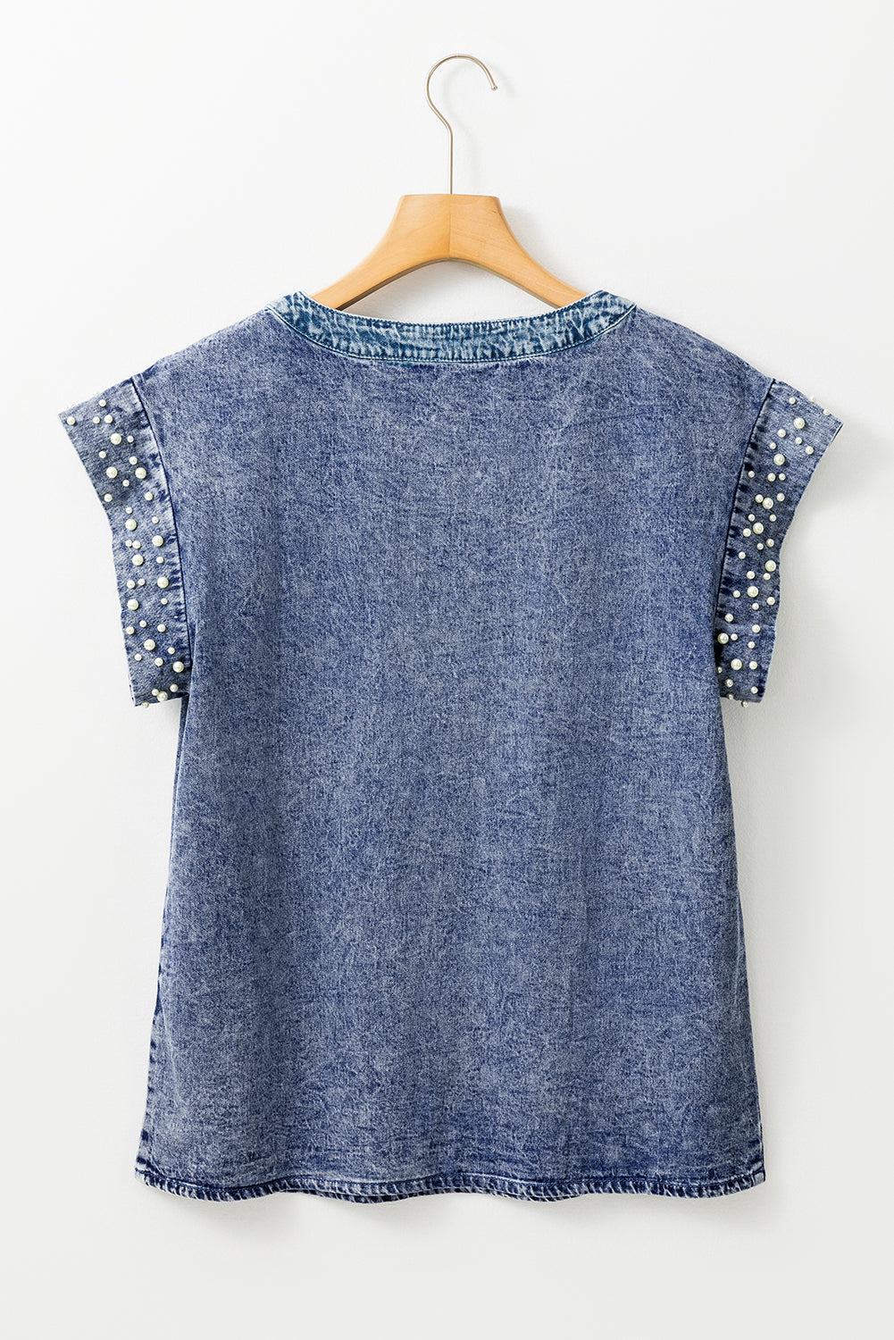 Dusk Blue Acid Wash Pearl Embellishments O-neck Denim Top