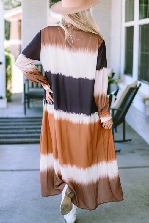 Multicolor Tie Dye Colorblock Button Down Maxi Kimono