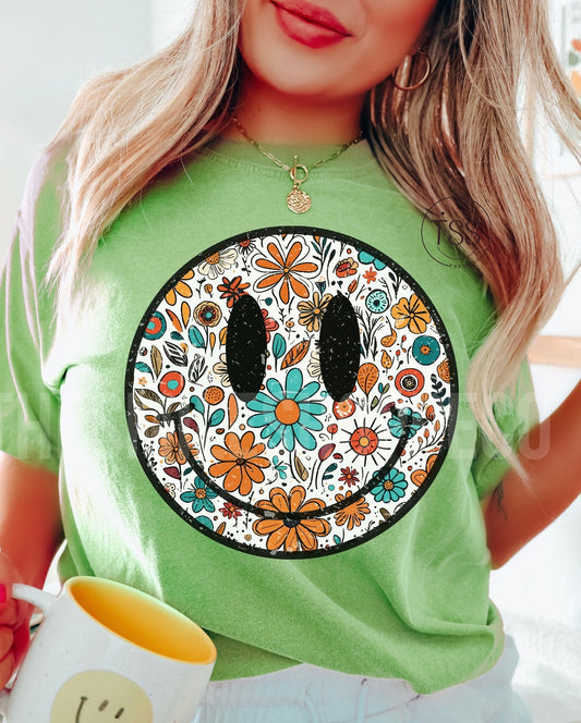 Boho floral smiley graphic tee