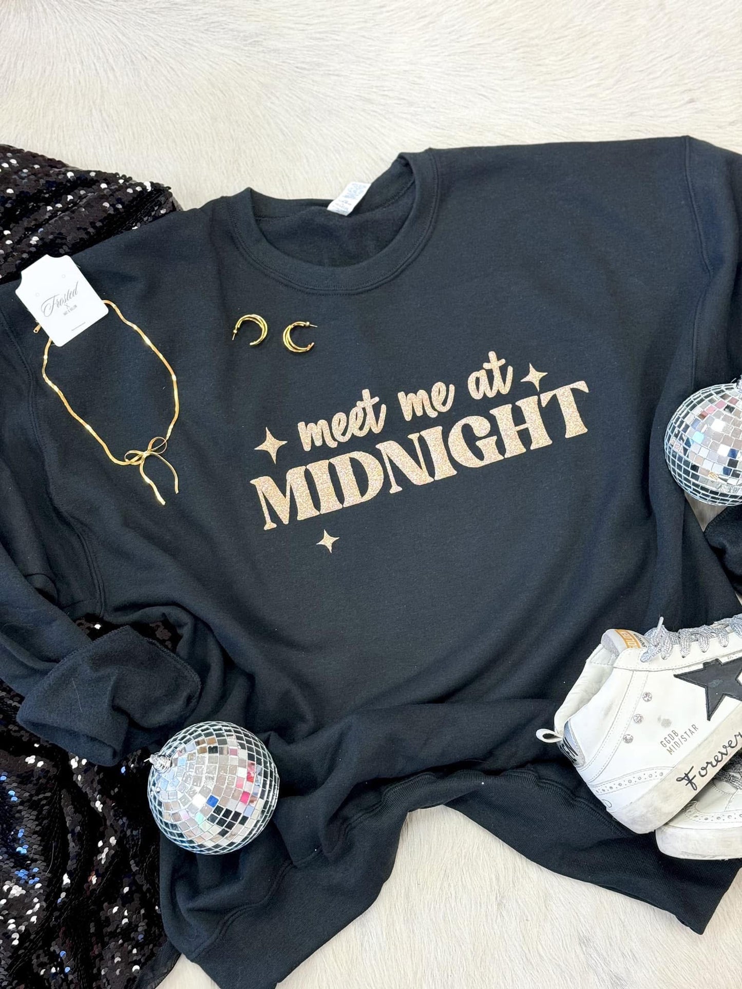 Meet me at Midnight champagne Glitter puff crewneck sweatshirt