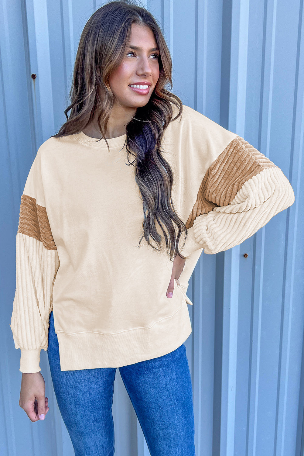 Apricot Corduroy Patchwork Drop Shoulder Long Sleeve Sweatshirt