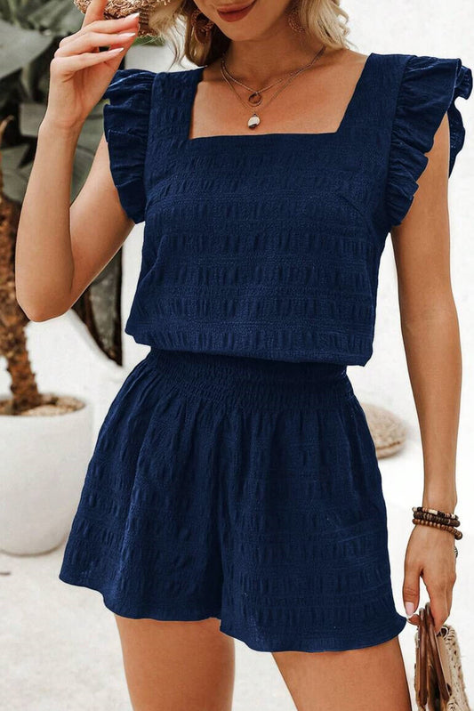 Dark blue Textured Square Neck Top and Shirred High Waist Shorts Set