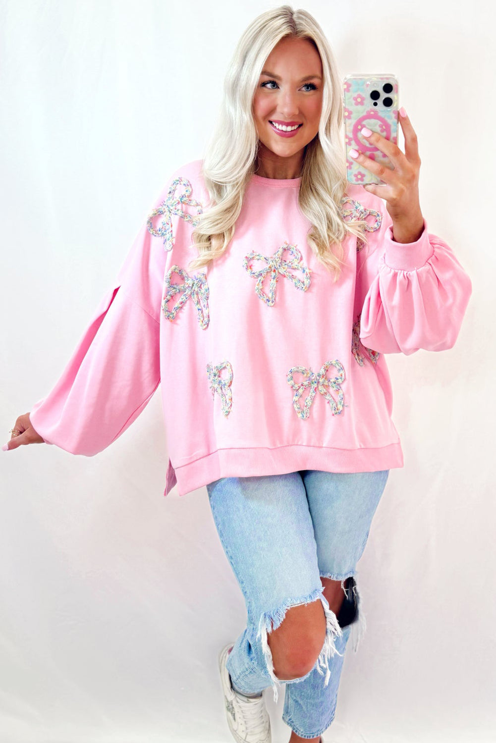 Light Pink Embroidered Bow Lantern Sleeve Oversized Pullover Sweatshirt