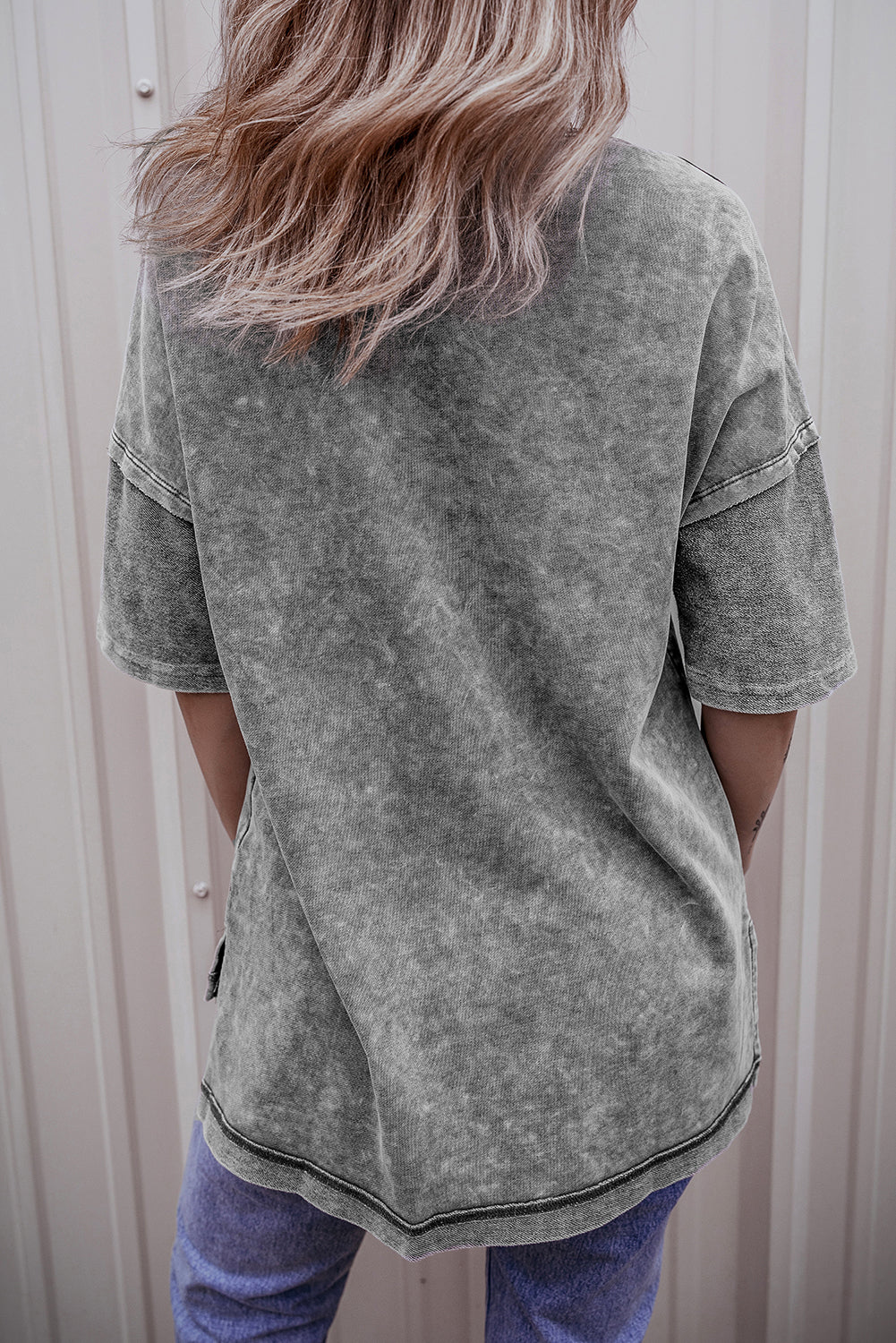 Gray Mineral Wash Exposed Seam Drop Shoulder Oversized Tee