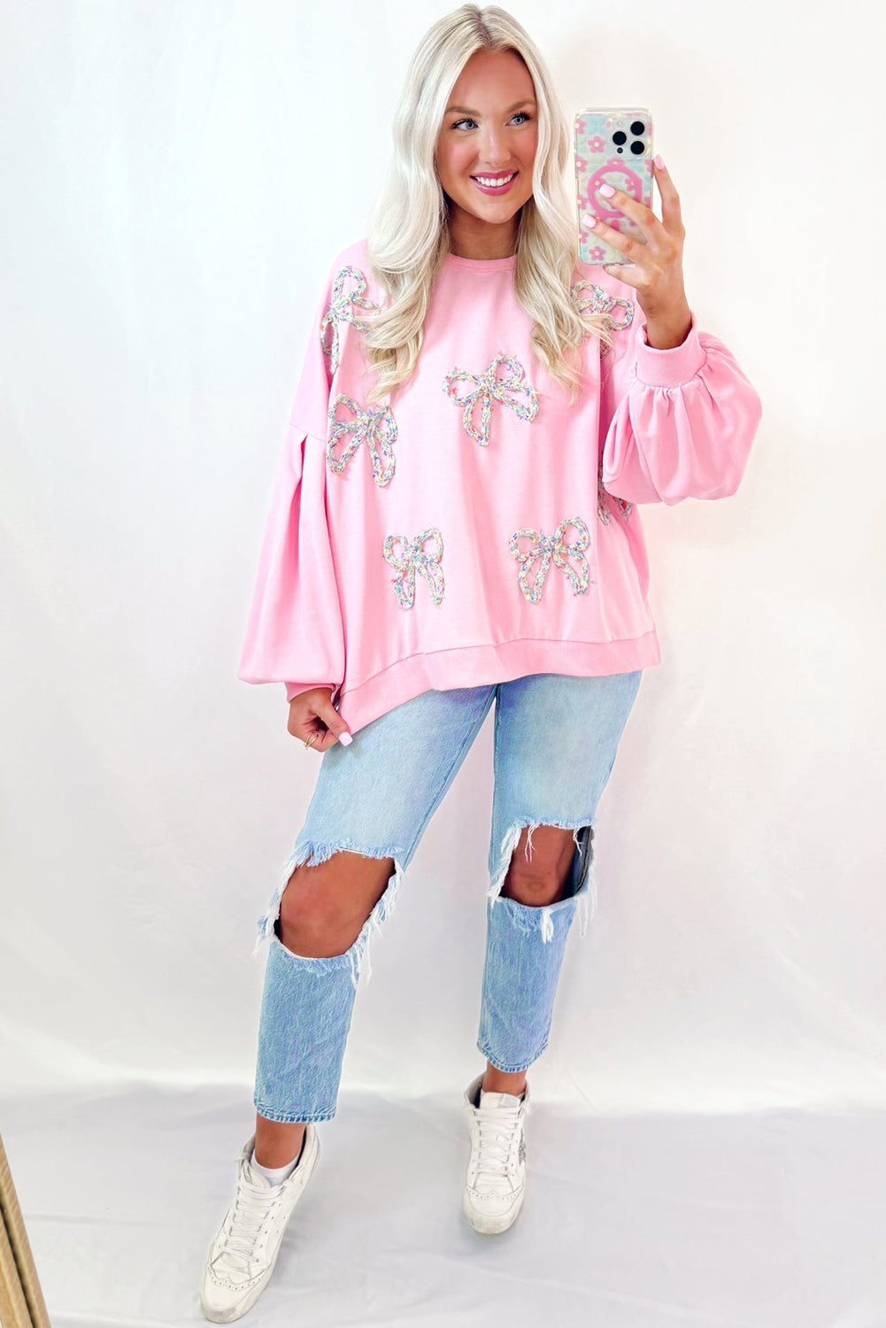 Light Pink Embroidered Bow Lantern Sleeve Oversized Pullover Sweatshirt