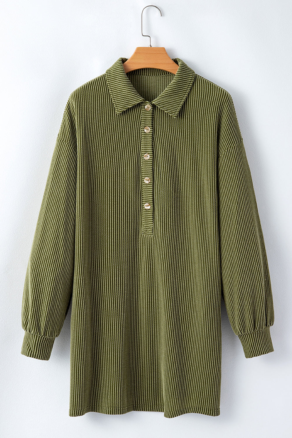 Moss Green Corded Buttons Placket Drop Shoulder Collared Shift Dress