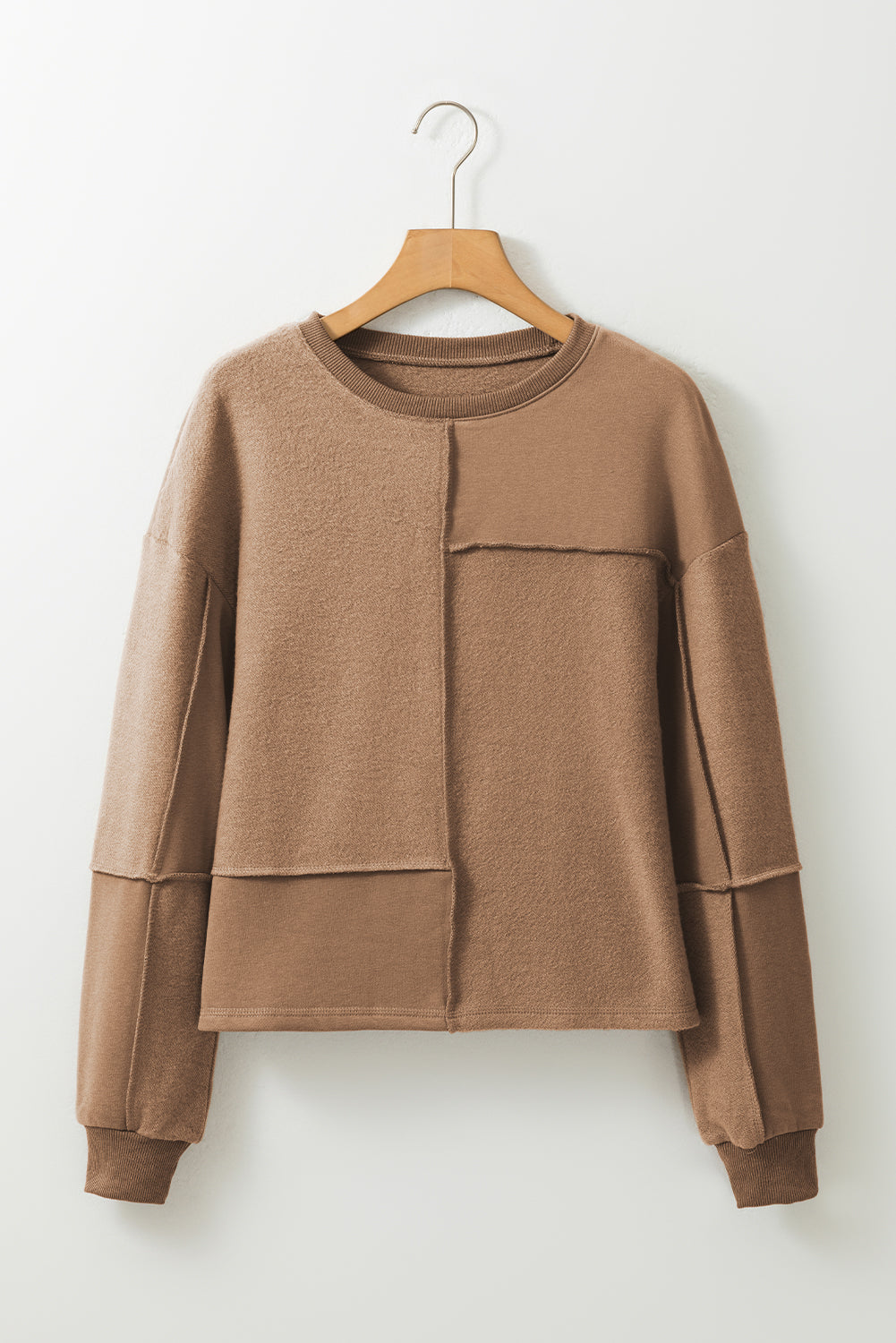 Coffee Solid Exposed Seam Pullover Sweatshirt