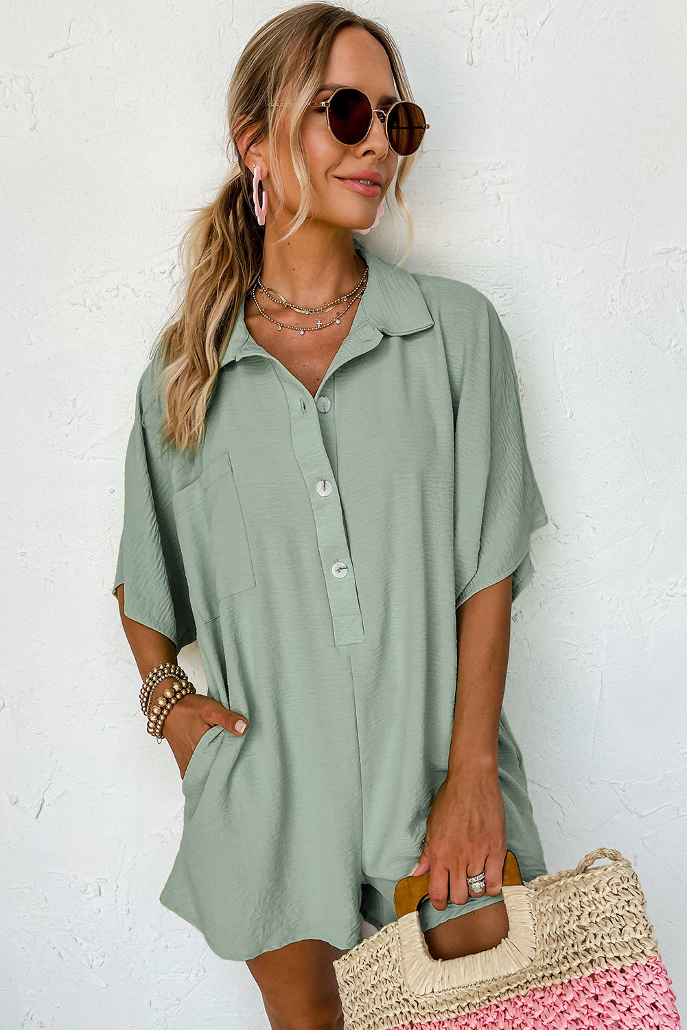 Spinach Green Half Button Collared Loose Romper