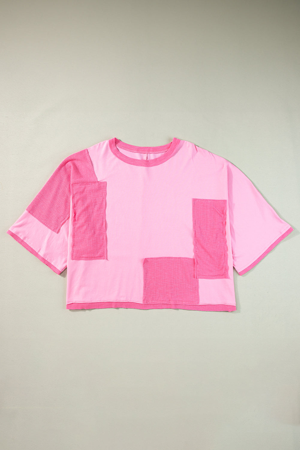 Pink Color Block Patchwork 3/4 Sleeve Loose Top