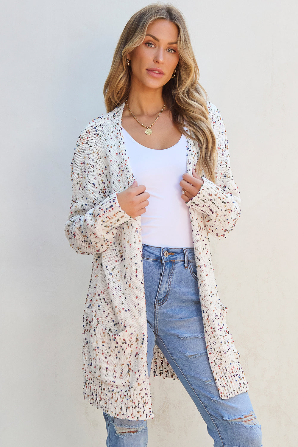 White Multicolor Dotted Rib Knit Long Sleeve Cardigan