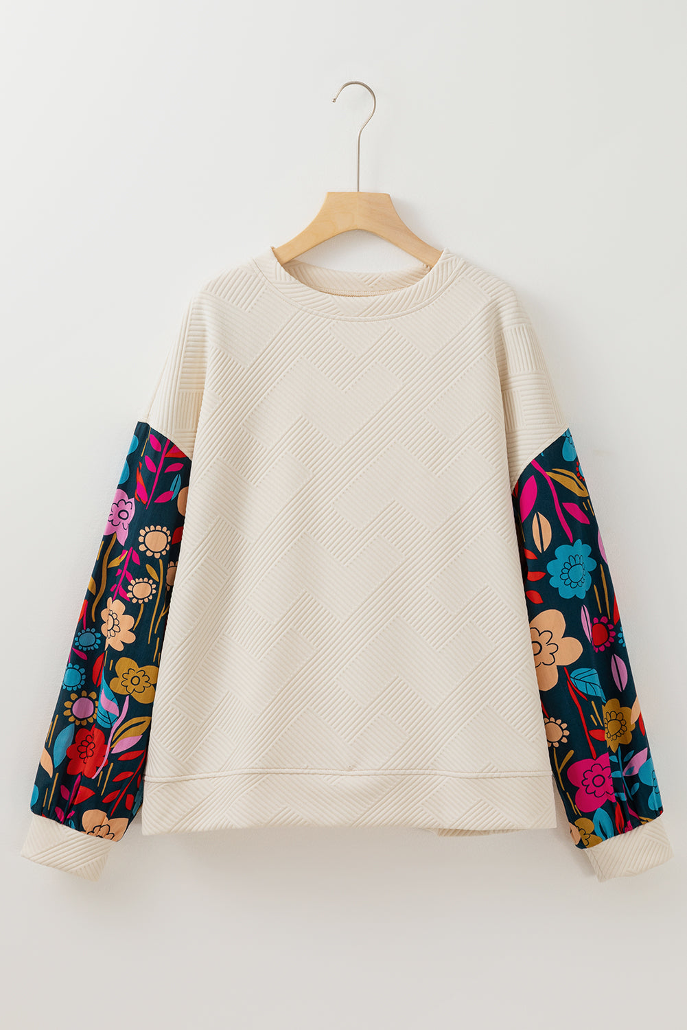 White Floral Patchwork Sleeve Textured Plus Size Pullover Top