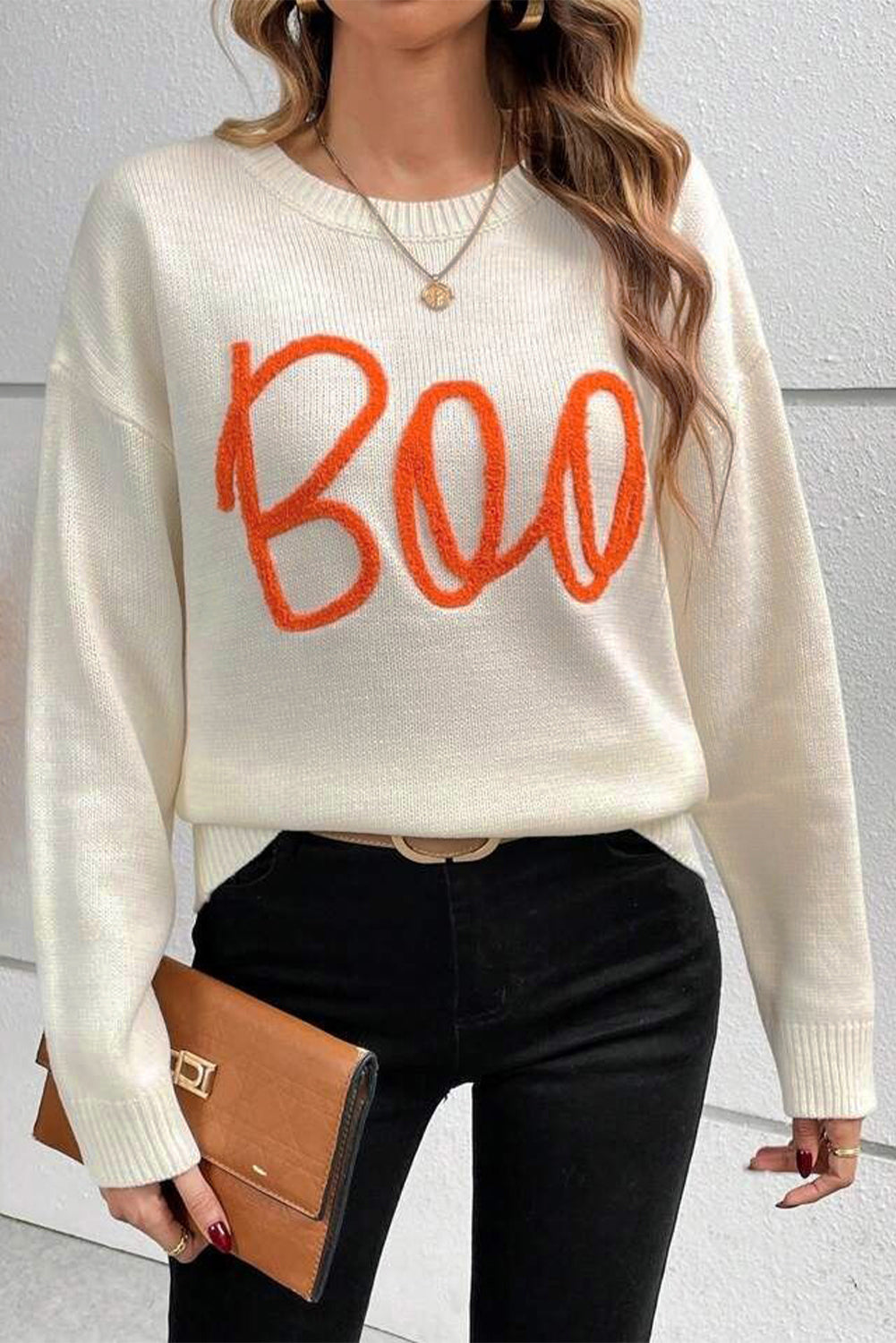 Apricot Boo Knitted Pattern Ribbed Edge Drop Shoulder Sweater