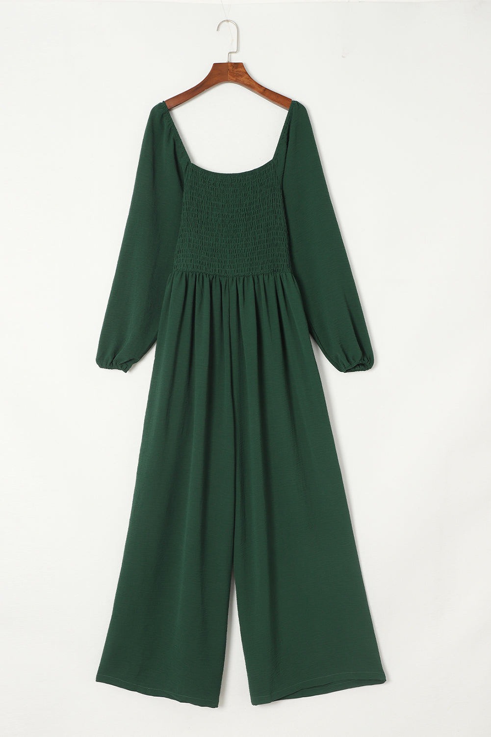 Green Smocked Square Neck Long Sleeve Wide Leg Jumpsuit