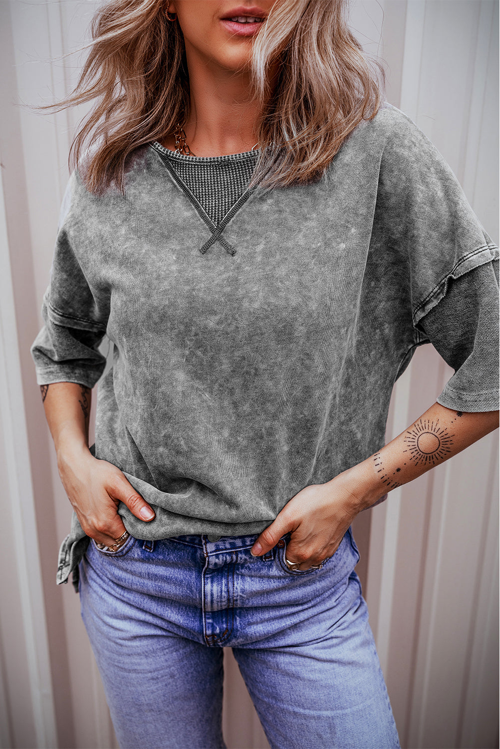 Gray Mineral Wash Exposed Seam Drop Shoulder Oversized Tee