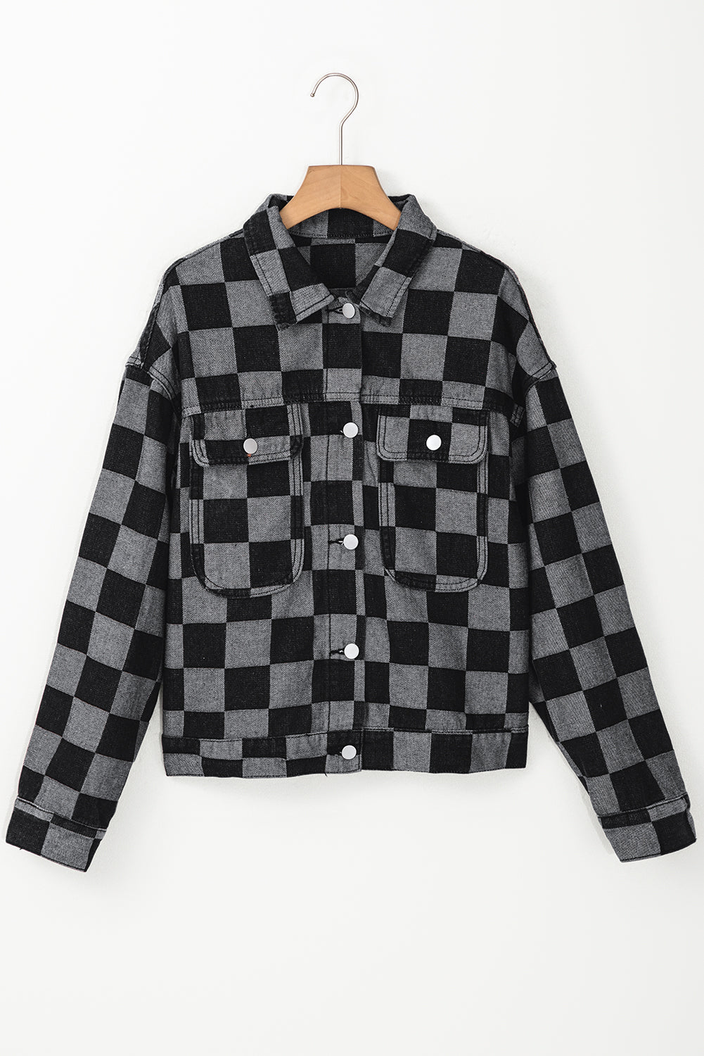 Black Checkered Patchwork Button up Denim Jacket