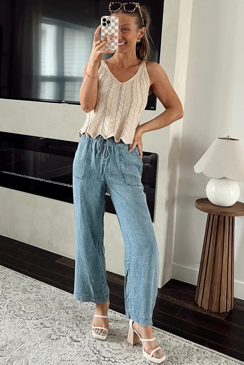 Mineral Wash Drawstring Waist Loose Straight Denim Pants