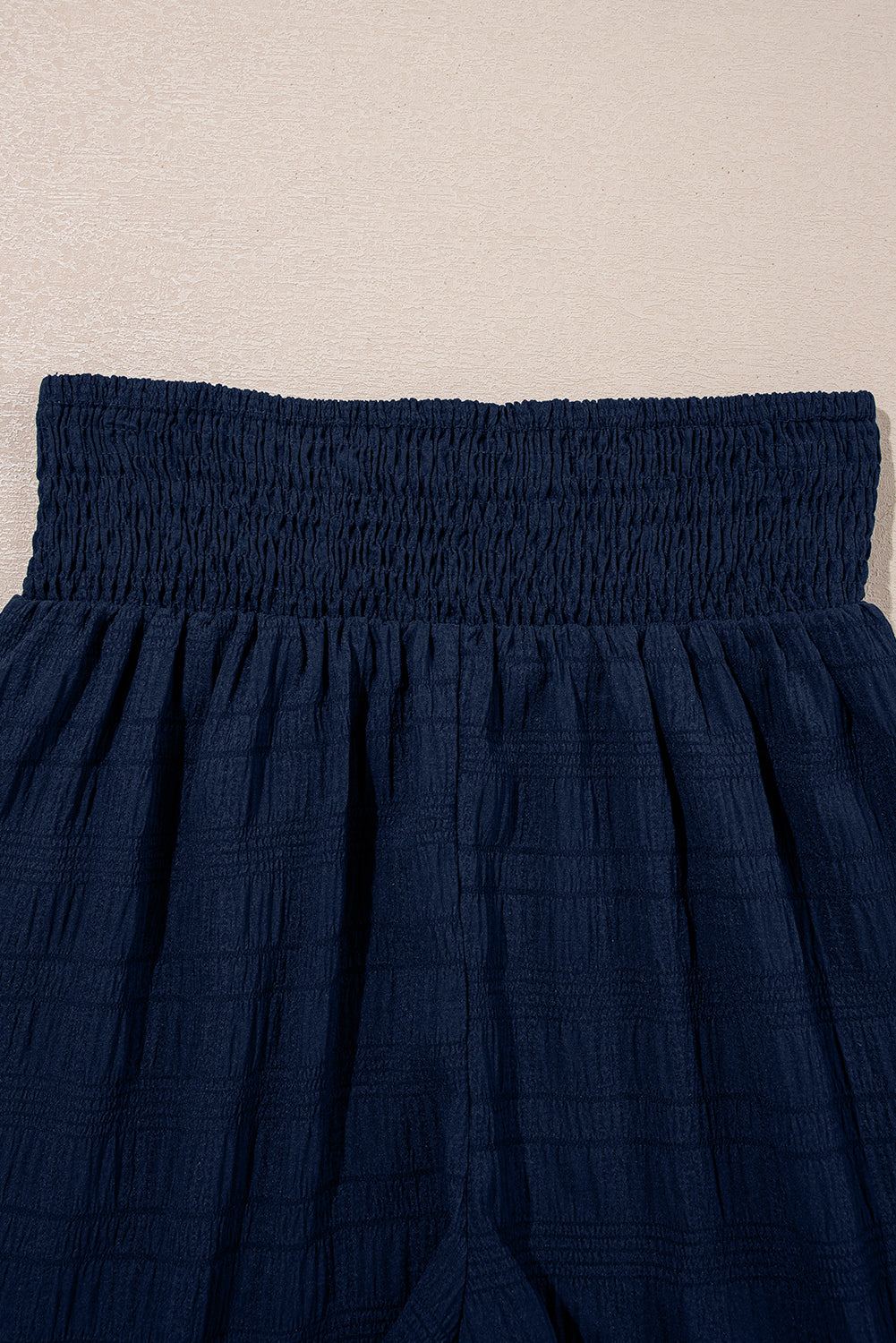 Dark blue Textured Square Neck Top and Shirred High Waist Shorts Set