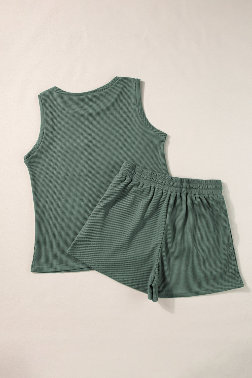 Mist Green Waffle Knit Patched Pocket Tank and Drawstring Shorts Set