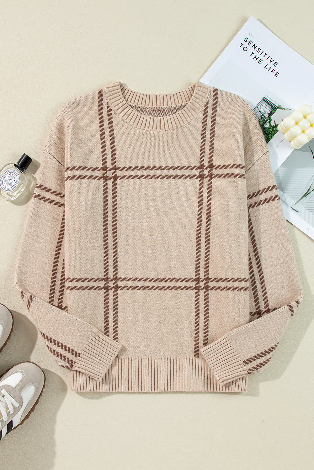 Khaki Plaid Pattern Knitted Drop Shoulder Sweater