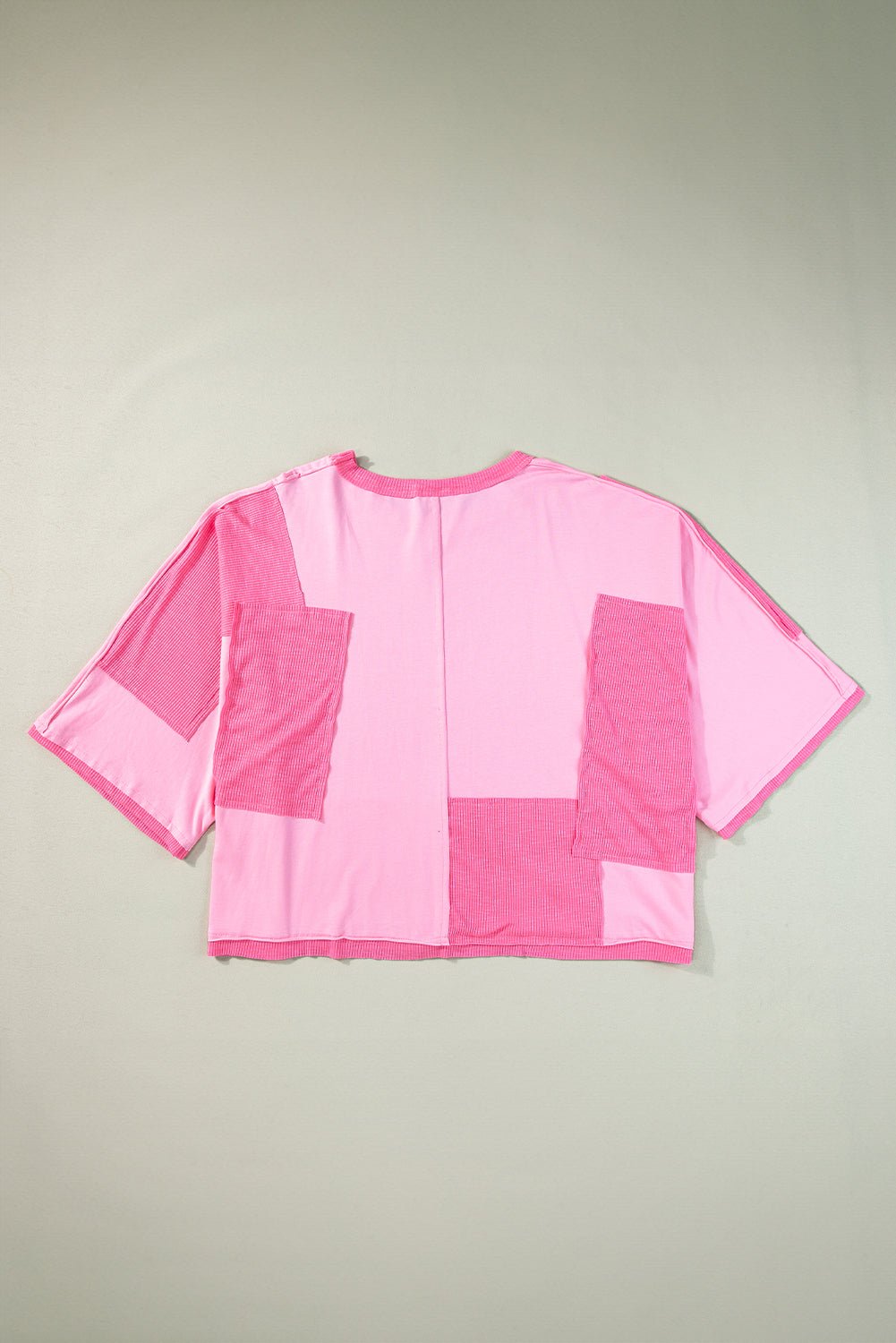 Pink Color Block Patchwork 3/4 Sleeve Loose Top