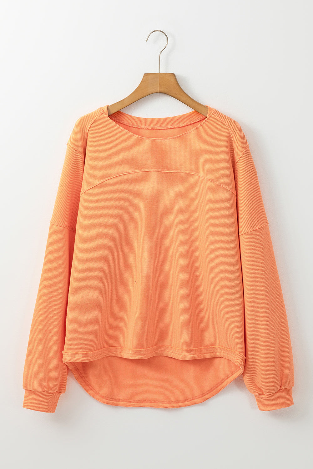 Grapefruit Orange Solid Color Textured High Low Long Sleeve Top