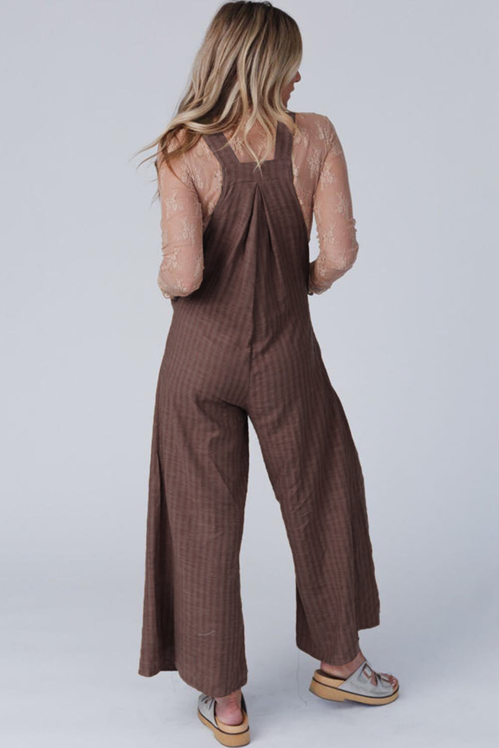 Chicory Coffee Striped Pleated Wide Leg Pocketed Jumpsuit