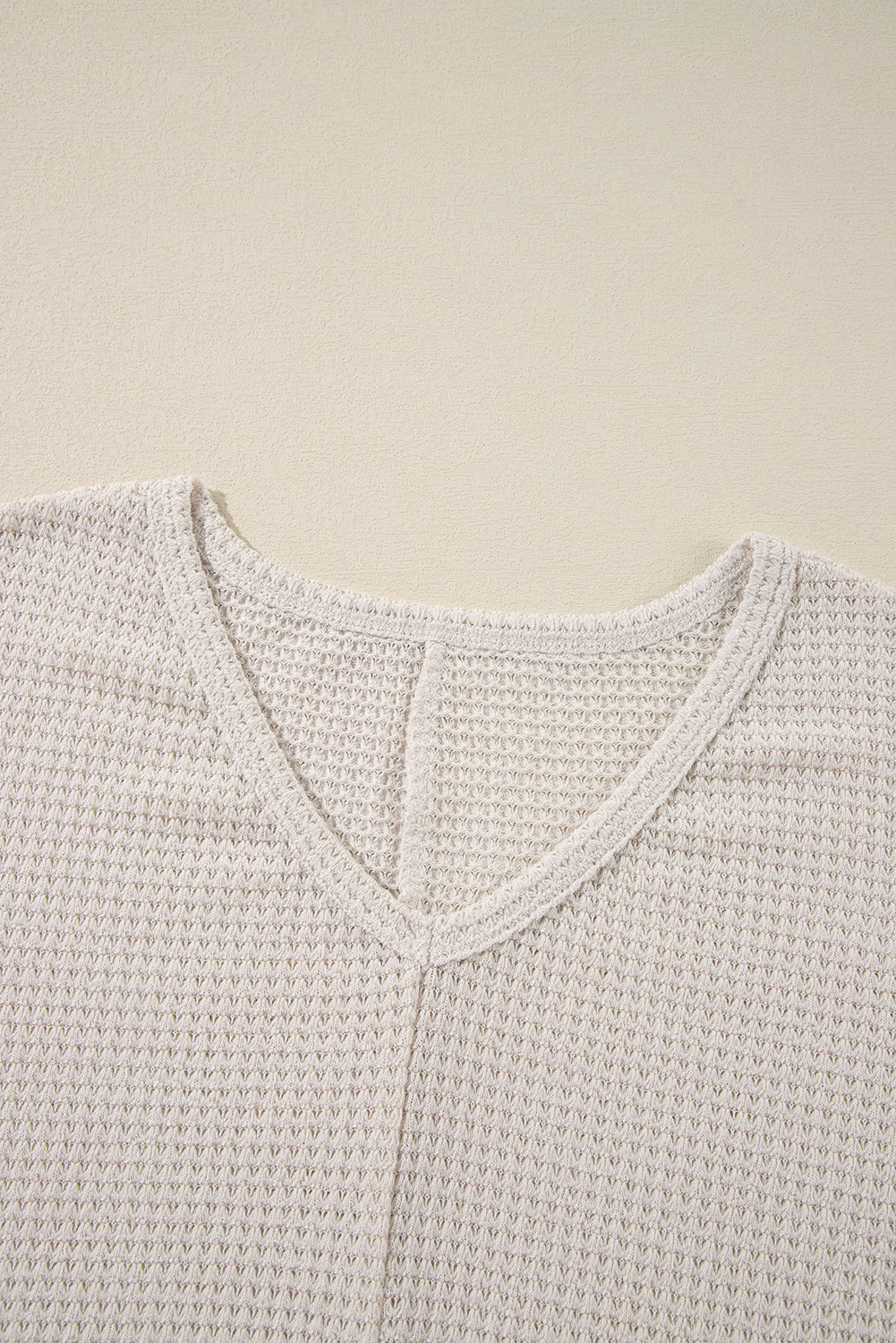 White Waffle Knit Side Slits Loose Fit V Neck Top