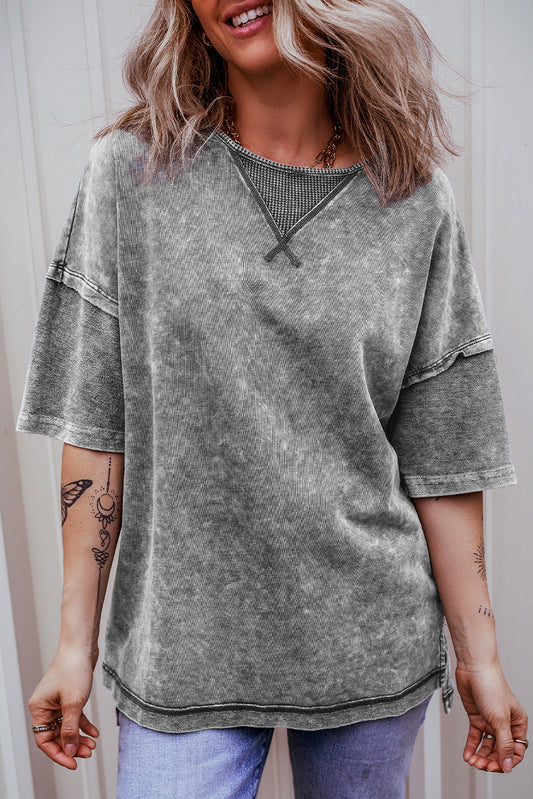 Gray Mineral Wash Exposed Seam Drop Shoulder Oversized Tee